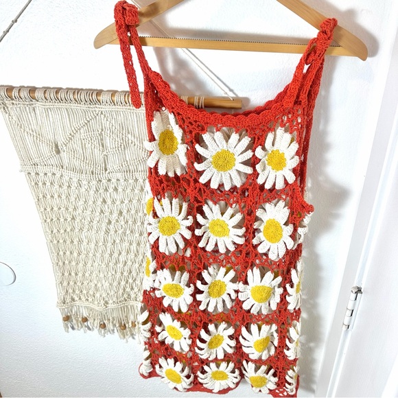 Anthropologie Tops - 🌼 Anthropologie Floral Daisy Orange White Sun Flower Crochet Beach Dress M/L